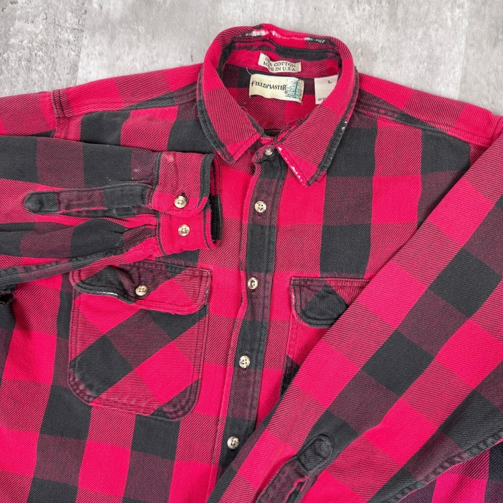 Vintage Fieldmaster Flannel Shirt Men's Large Red Button Up Plaid‎ Made in USA